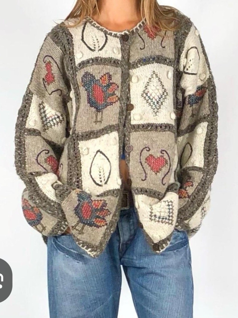 Express Vintage Patchwk Floral, Chicken, Heart Knit Cardigan - Angor Blend Large